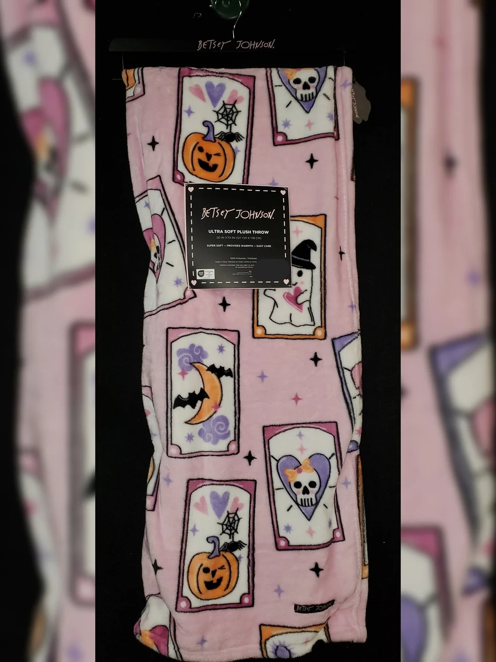 Betsey Johnson Pink Halloween Plush Throw with Purple and Orange Accents